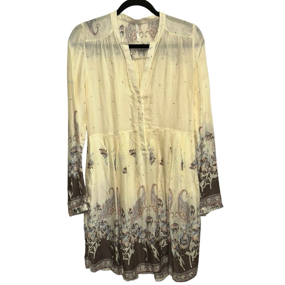 Free People Boho Tunic Dress Small Cream Paisley Floral Flowy Peasant Dress